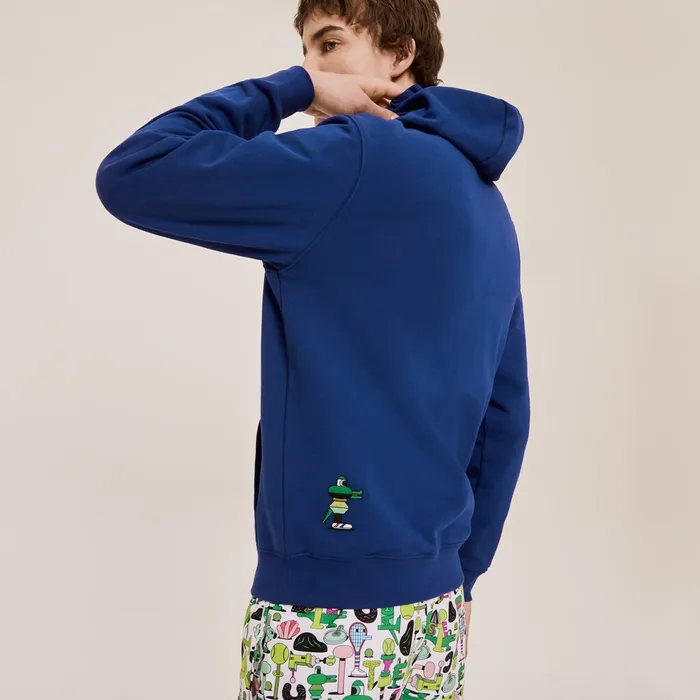 Sweatshirts Lacoste Mens Unisex x Jeremyville Print Hooded Sweatshirt Navy Blue Outlet