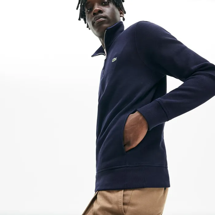 Sweatshirts Lacoste Mens Zip StandUp Collar Ribbed Sweatshirt Navy Blue USA