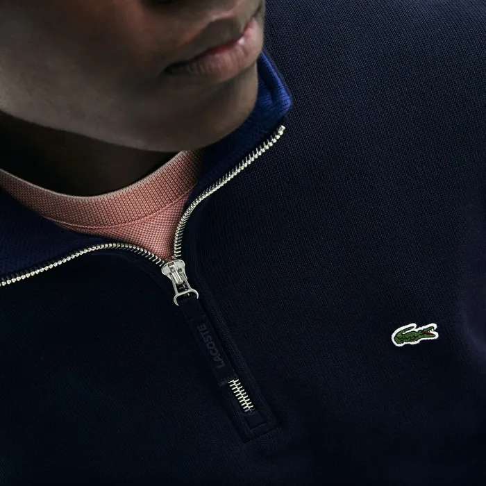 Sweatshirts Lacoste Mens Zip StandUp Collar Ribbed Sweatshirt Navy Blue USA