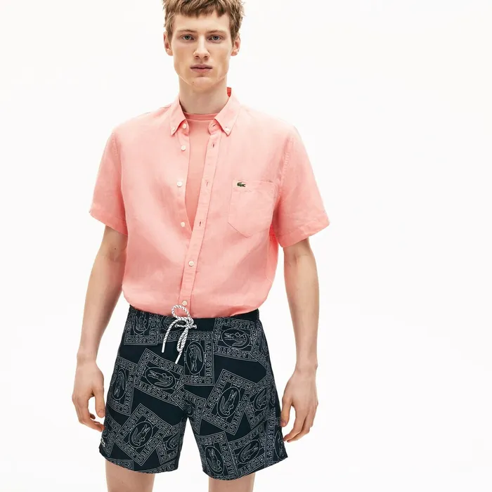 Swimwear Lacoste Mens Postcard Print QuickDry Swim Trunks Navy BlueWhite Gift 4 You
