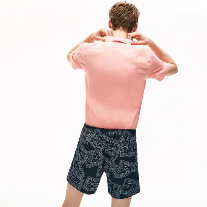 Swimwear Lacoste Mens Postcard Print QuickDry Swim Trunks Navy BlueWhite Gift 4 You