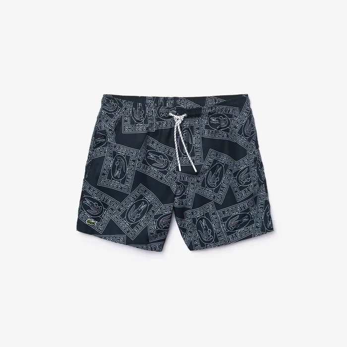 Swimwear Lacoste Mens Postcard Print QuickDry Swim Trunks Navy BlueWhite Gift 4 You