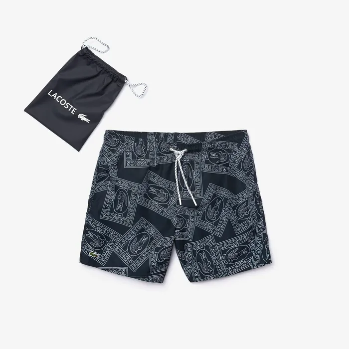 Swimwear Lacoste Mens Postcard Print QuickDry Swim Trunks Navy BlueWhite Gift 4 You