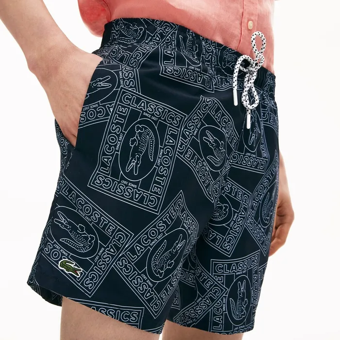 Swimwear Lacoste Mens Postcard Print QuickDry Swim Trunks Navy BlueWhite Gift 4 You