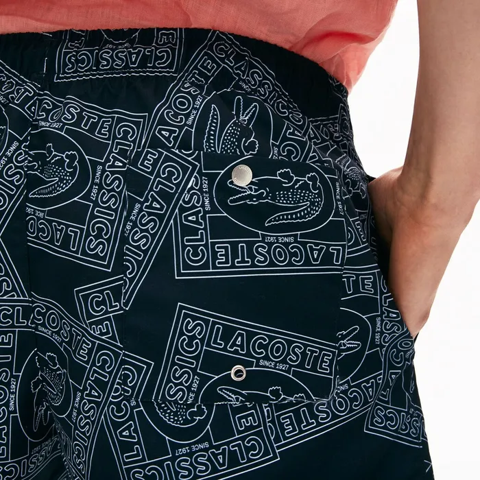 Swimwear Lacoste Mens Postcard Print QuickDry Swim Trunks Navy BlueWhite Gift 4 You