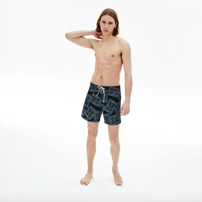 Swimwear Lacoste Mens Postcard Print QuickDry Swim Trunks Navy BlueWhite Gift 4 You