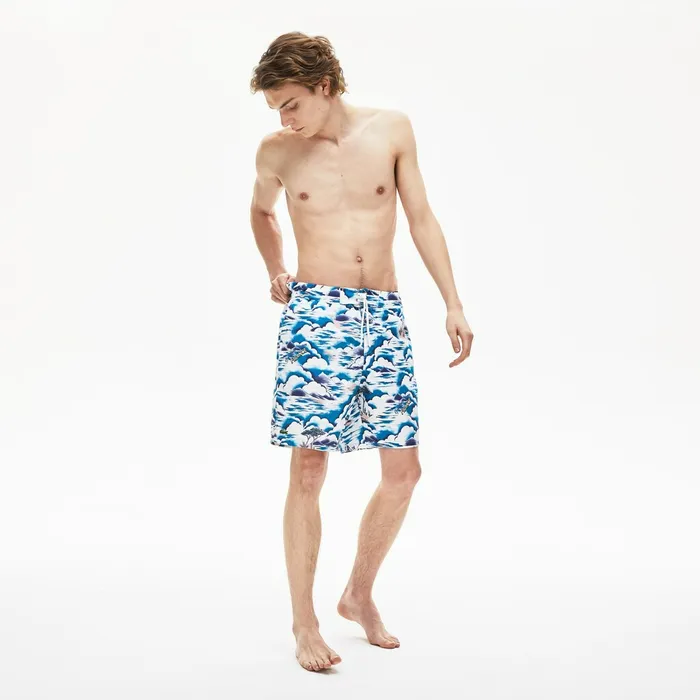 Swimwear Lacoste Mens Print Light QuickDry Long Swim Shorts BlueLight PinkWhite Online