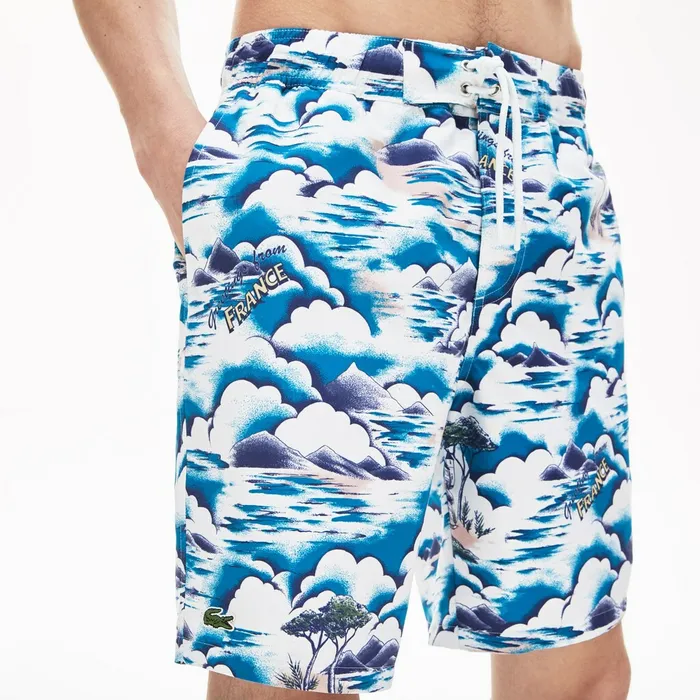 Swimwear Lacoste Mens Print Light QuickDry Long Swim Shorts BlueLight PinkWhite Online