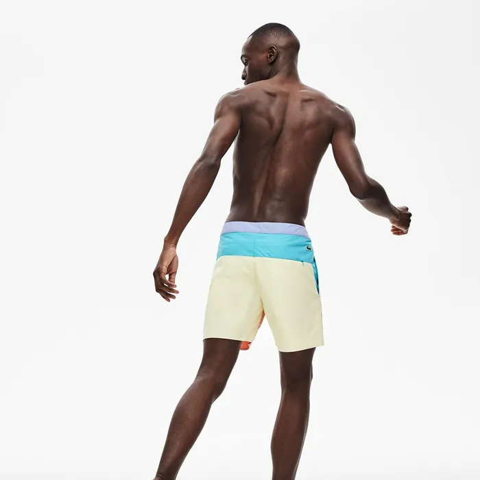 Swimwear Lacoste Mens Striped Colorblock QuickDry Swim Shorts PurpleYellowPinkTurquoise For Sale Online