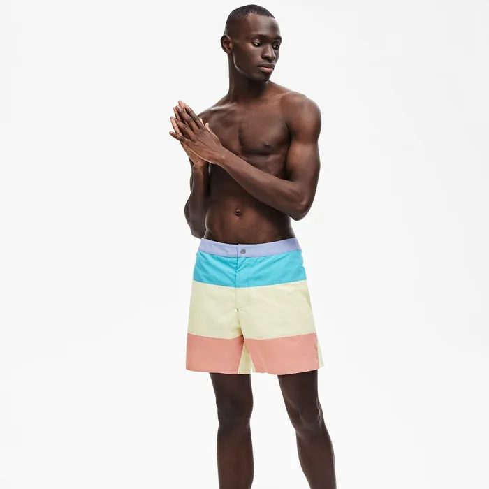 Swimwear Lacoste Mens Striped Colorblock QuickDry Swim Shorts PurpleYellowPinkTurquoise For Sale Online