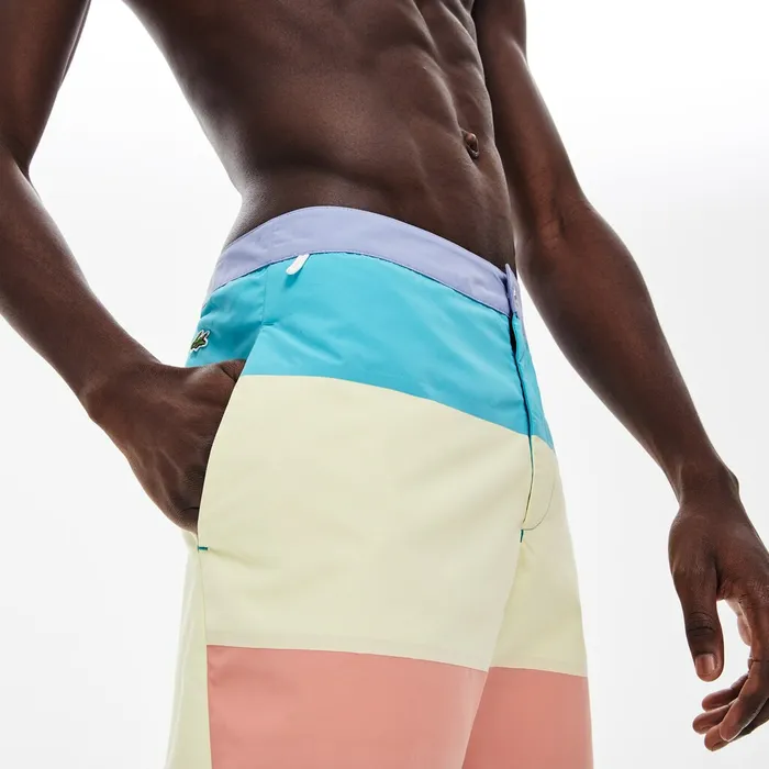 Swimwear Lacoste Mens Striped Colorblock QuickDry Swim Shorts PurpleYellowPinkTurquoise For Sale Online