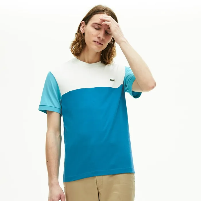 TShirts Lacoste Mens Colorblock Regular Fit Cotton Jersey Tshirt BlueWhiteTurquoise For Sale