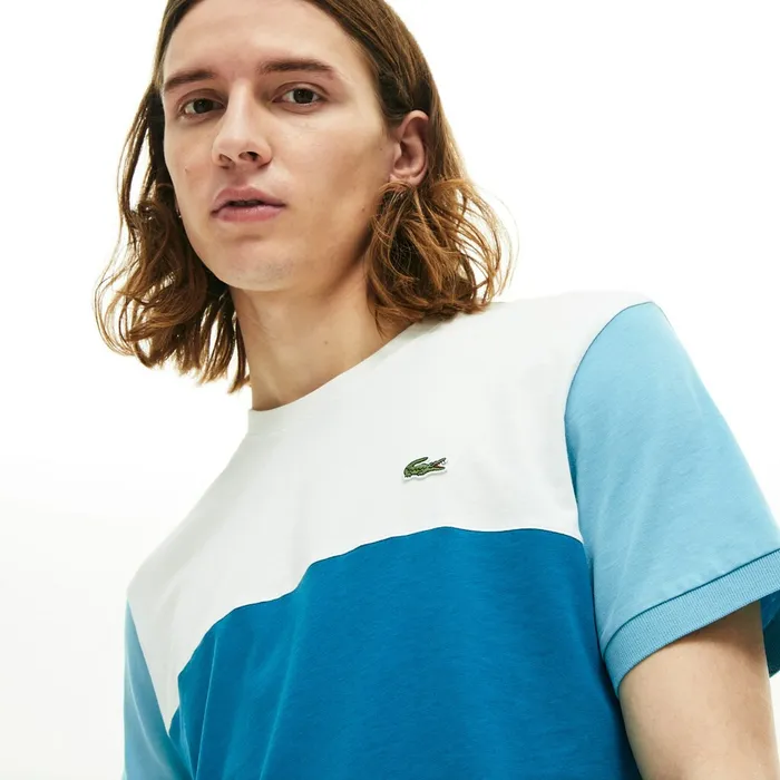 TShirts Lacoste Mens Colorblock Regular Fit Cotton Jersey Tshirt BlueWhiteTurquoise For Sale