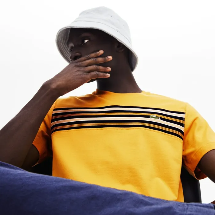 TShirts Lacoste Mens Crew Neck Striped Panel Cotton Tshirt Yellow Outlet