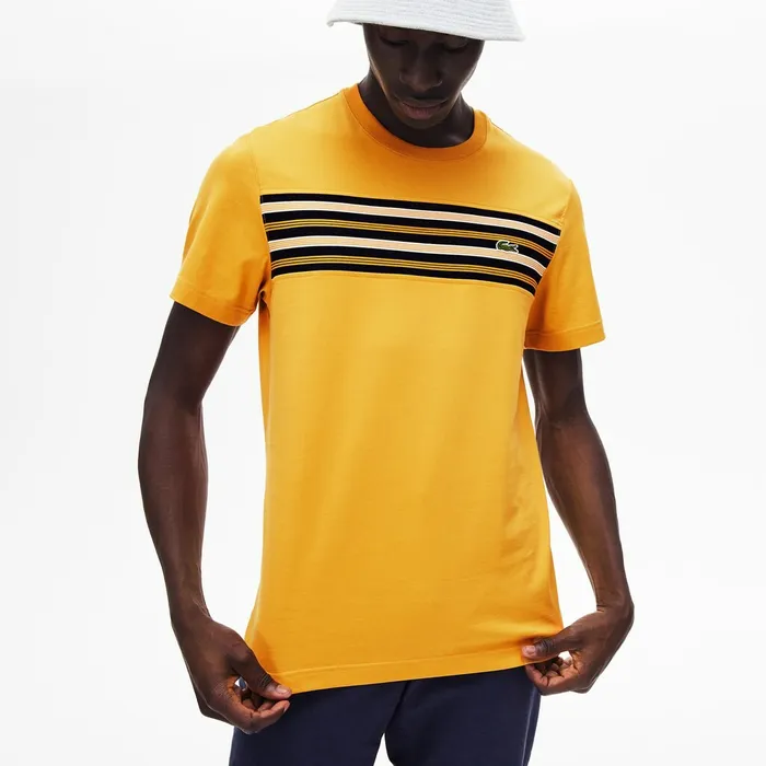TShirts Lacoste Mens Crew Neck Striped Panel Cotton Tshirt Yellow Outlet