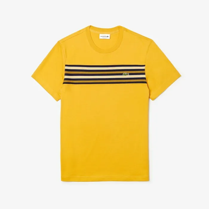 TShirts Lacoste Mens Crew Neck Striped Panel Cotton Tshirt Yellow Outlet