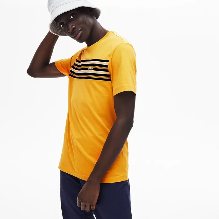 TShirts Lacoste Mens Crew Neck Striped Panel Cotton Tshirt Yellow Outlet