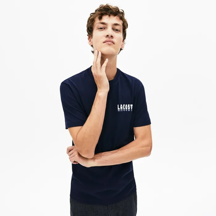 TShirts Lacoste Mens Crewneck 3DLettering Cotton TShirt Navy Blue Popular