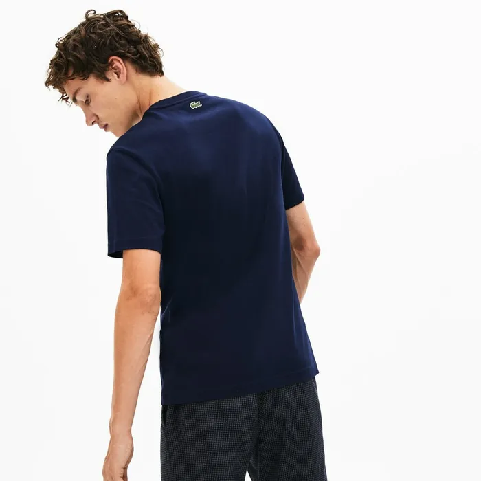 TShirts Lacoste Mens Crewneck 3DLettering Cotton TShirt Navy Blue Popular