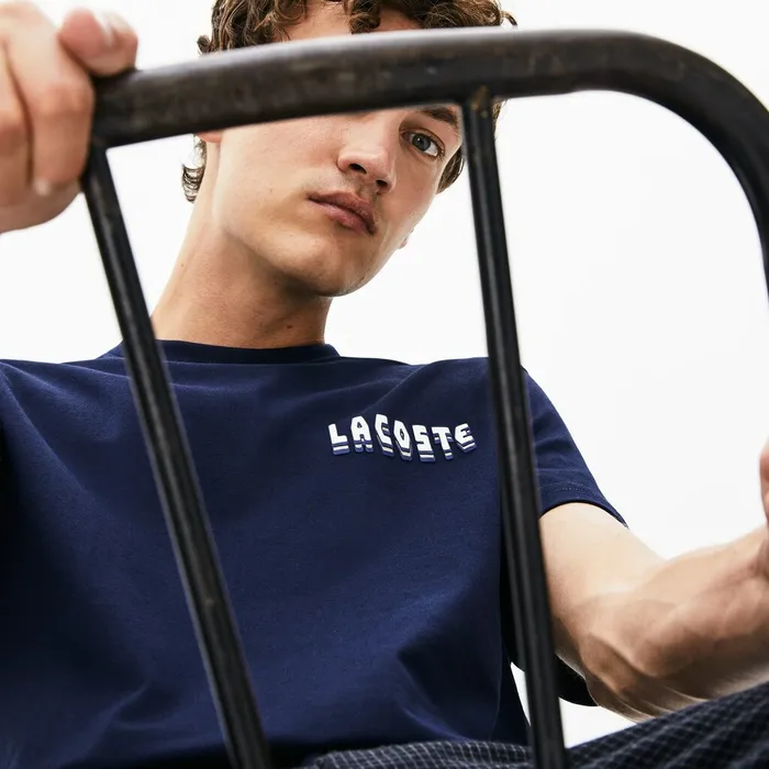 TShirts Lacoste Mens Crewneck 3DLettering Cotton TShirt Navy Blue Popular