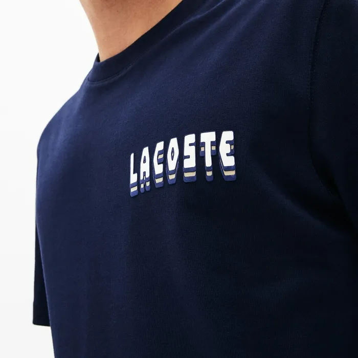 TShirts Lacoste Mens Crewneck 3DLettering Cotton TShirt Navy Blue Popular