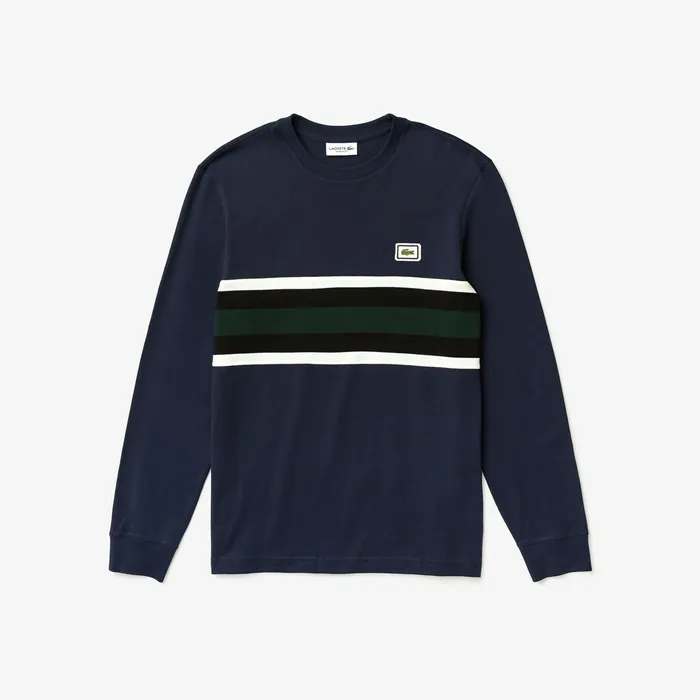 TShirts Lacoste Mens Crewneck Striped Cotton TShirt Navy BlueWhiteBlackGreen For Sale