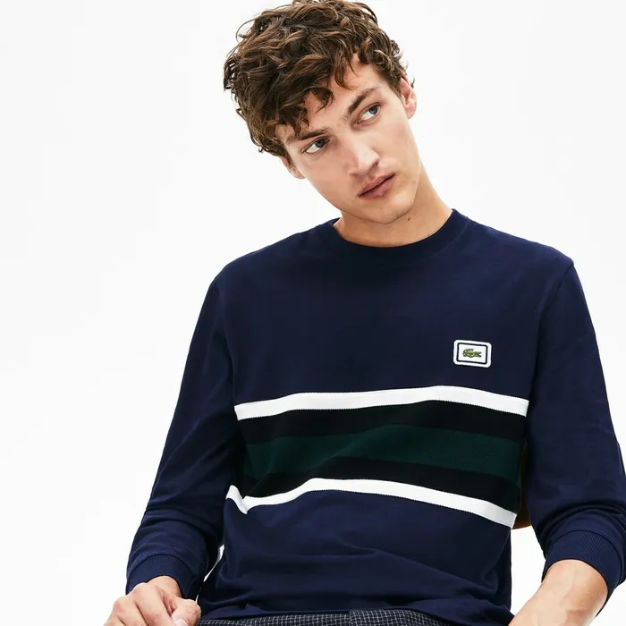 TShirts Lacoste Mens Crewneck Striped Cotton TShirt Navy BlueWhiteBlackGreen For Sale