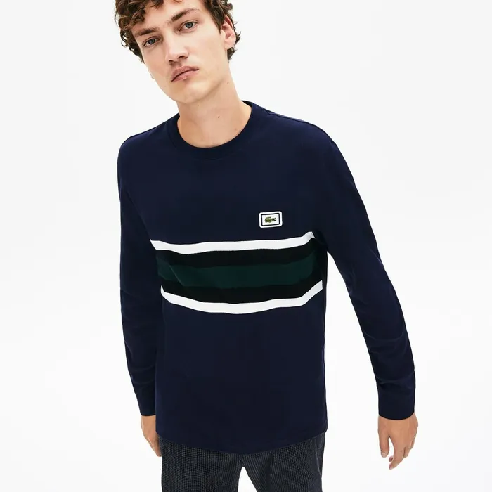 TShirts Lacoste Mens Crewneck Striped Cotton TShirt Navy BlueWhiteBlackGreen For Sale