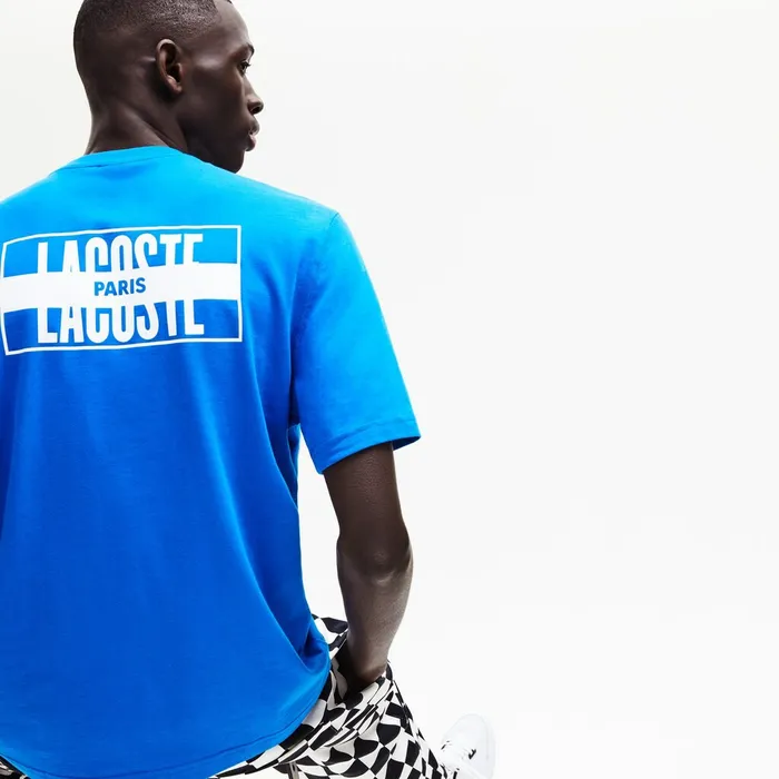 TShirts Lacoste Mens LIVE PrintedBack Cotton TShirt BlueWhite Outlet