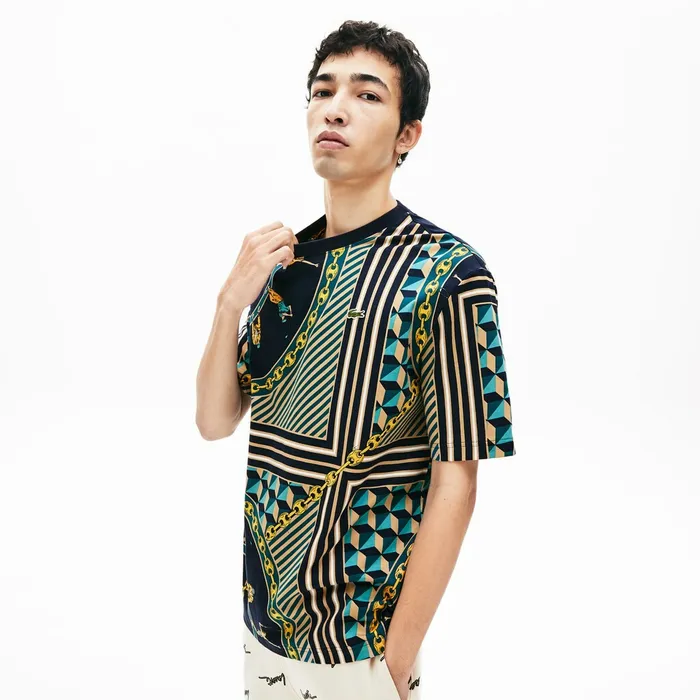 TShirts Lacoste Mens LIVE ScarfPrint Cotton TShirt Navy BlueWhite Shop