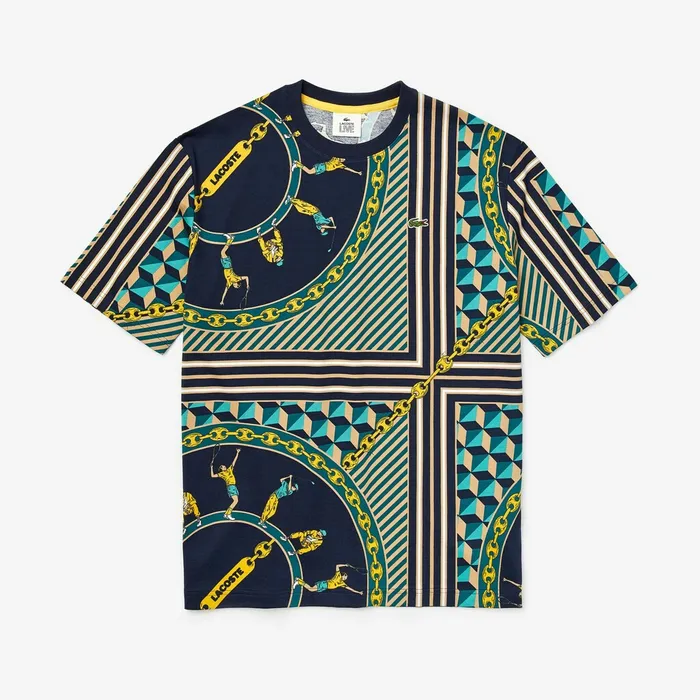 TShirts Lacoste Mens LIVE ScarfPrint Cotton TShirt Navy BlueWhite Shop