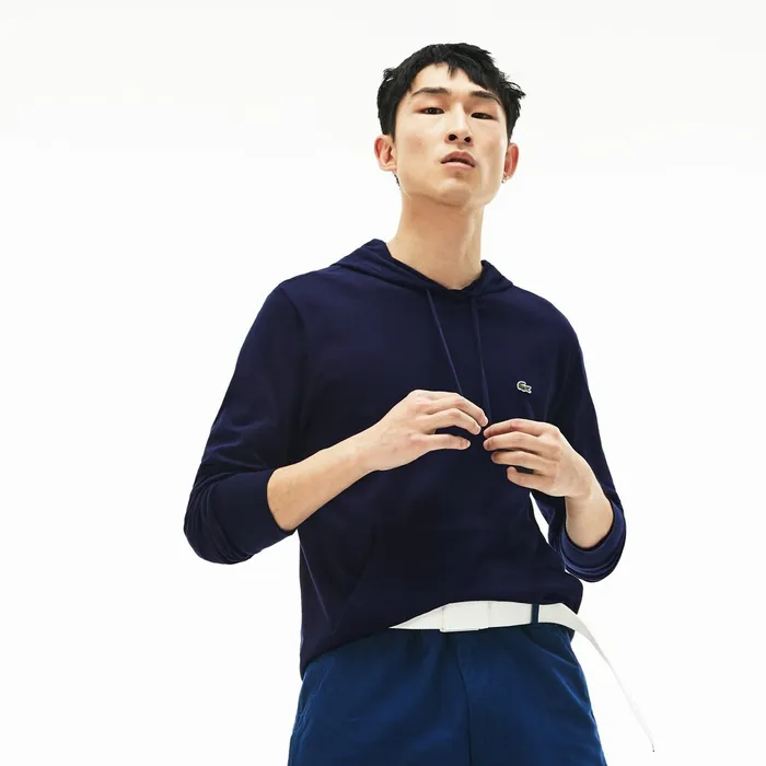 TShirts Lacoste Mens Regular Fit Hooded Jersey Tshirt Navy Blue Near Me