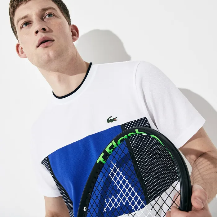 TShirts Lacoste Mens SPORT Mesh Inset Cotton Tshirt WhiteBlueNavy Blue Online TShirts Lacoste Mens SPORT Mesh Inset Cotton Tshirt WhiteBlueNavy Blue Online