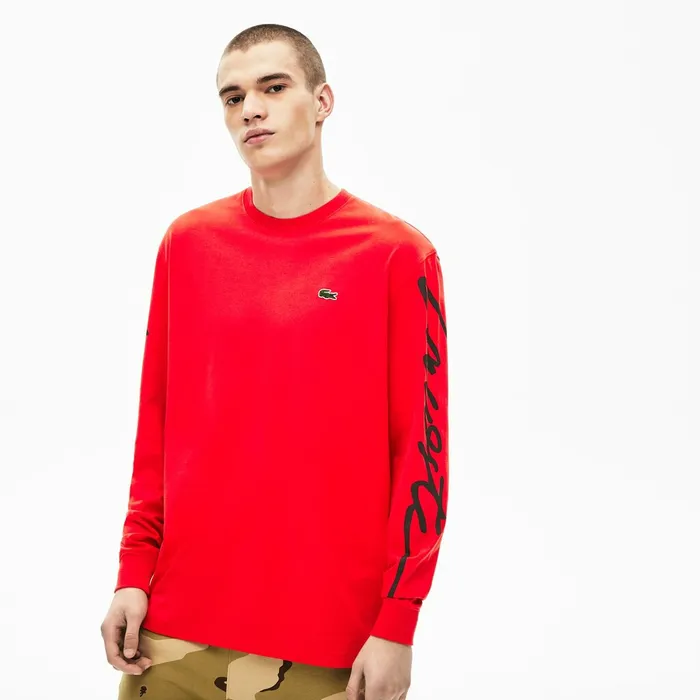TShirts Lacoste Mens Unisex LIVE Signature Print Tshirt RedBlack For Sale