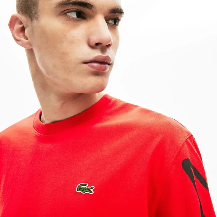 TShirts Lacoste Mens Unisex LIVE Signature Print Tshirt RedBlack For Sale