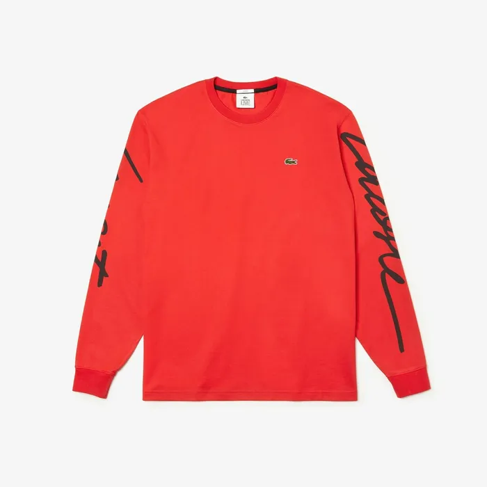 TShirts Lacoste Mens Unisex LIVE Signature Print Tshirt RedBlack For Sale