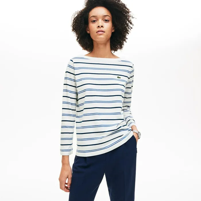 TShirts Lacoste Womens Boat Neck Cotton Blend Sailor Shirt WhiteBlueNavy Blue Outlet TShirts Lacoste Womens Boat Neck Cotton Blend Sailor Shirt WhiteBlueNavy Blue Outlet