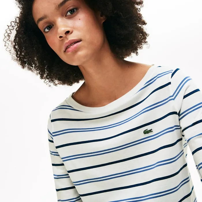 TShirts Lacoste Womens Boat Neck Cotton Blend Sailor Shirt WhiteBlueNavy Blue Outlet