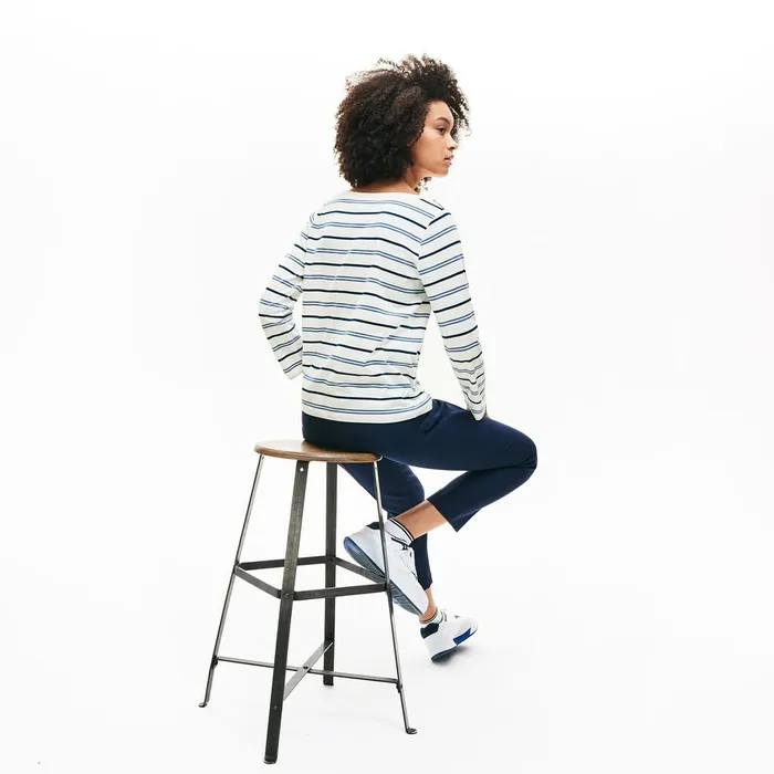 TShirts Lacoste Womens Boat Neck Cotton Blend Sailor Shirt WhiteBlueNavy Blue Outlet