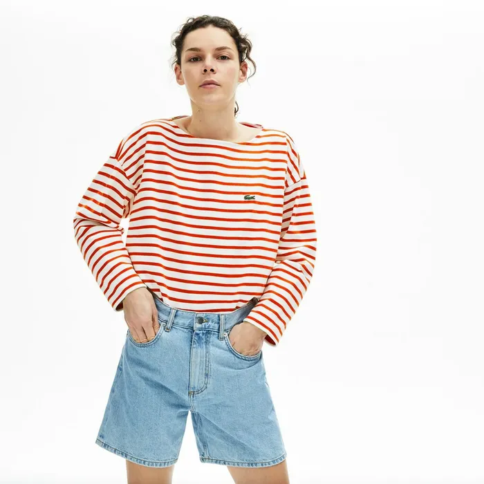 TShirts Lacoste Womens Cotton Nautical Striped TShirt WhiteRed Casaul