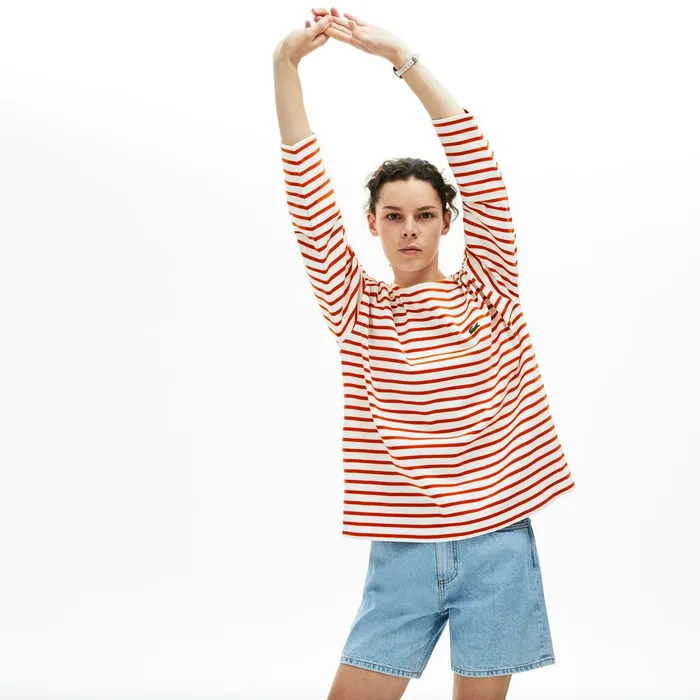 TShirts Lacoste Womens Cotton Nautical Striped TShirt WhiteRed Casaul