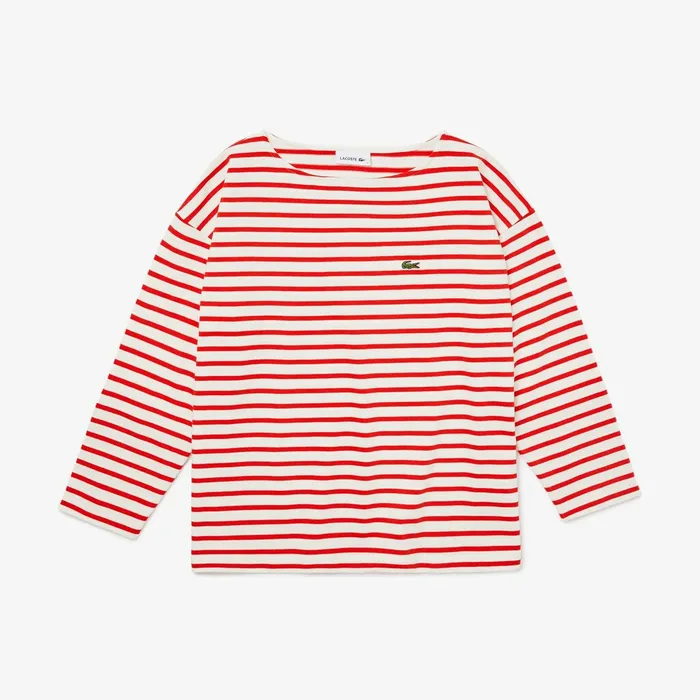 TShirts Lacoste Womens Cotton Nautical Striped TShirt WhiteRed Casaul