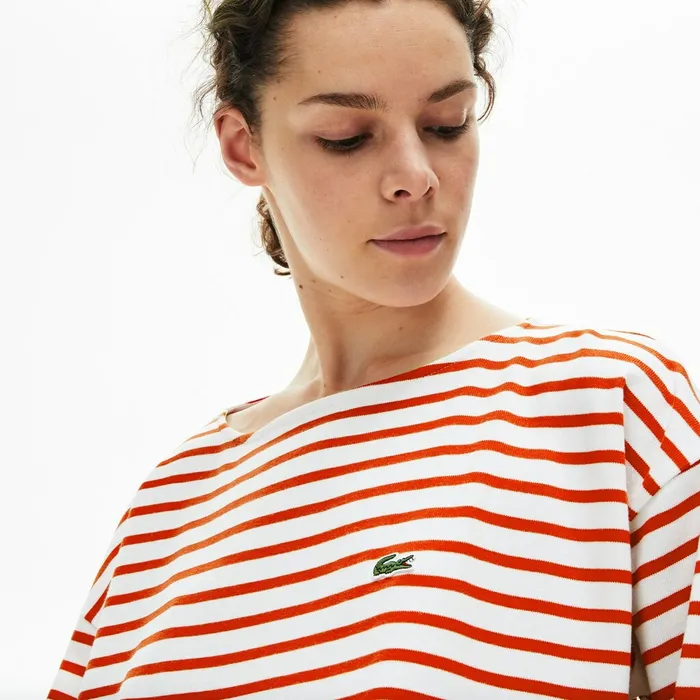 TShirts Lacoste Womens Cotton Nautical Striped TShirt WhiteRed Casaul
