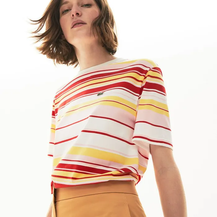 TShirts Lacoste Womens Crew Neck Striped Cotton Tshirt WhiteRedLight PinkYellow Store TShirts Lacoste Womens Crew Neck Striped Cotton Tshirt WhiteRedLight PinkYellow Store