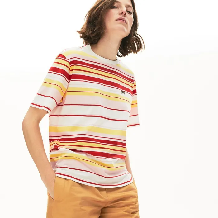 TShirts Lacoste Womens Crew Neck Striped Cotton Tshirt WhiteRedLight PinkYellow Store