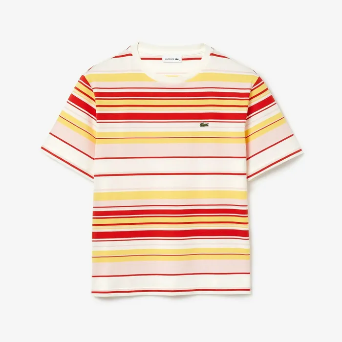 TShirts Lacoste Womens Crew Neck Striped Cotton Tshirt WhiteRedLight PinkYellow Store