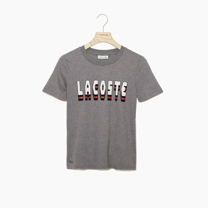 TShirts Lacoste Womens Crewneck 3DLettering Cotton TShirt Grey Store