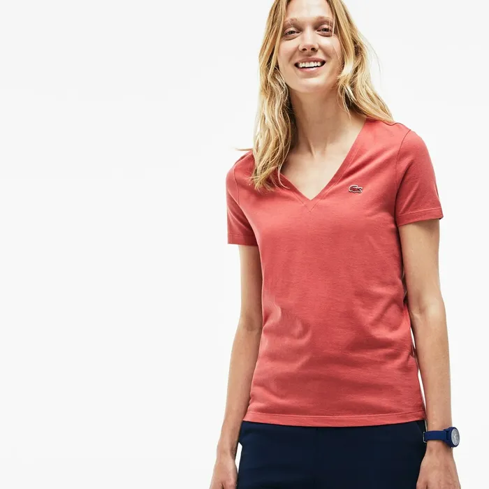 TShirts Lacoste Womens Slim Fit VNeck Cotton Jersey Tshirt Pink Outlet