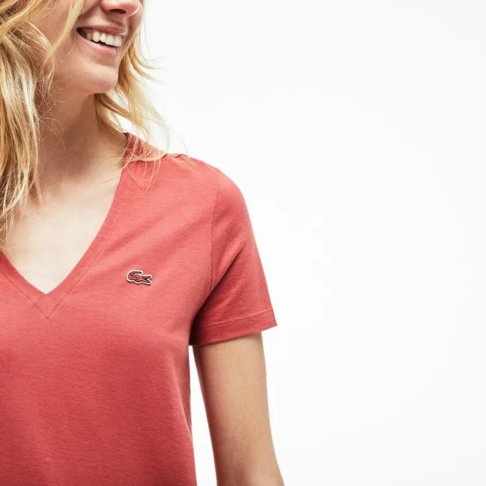 TShirts Lacoste Womens Slim Fit VNeck Cotton Jersey Tshirt Pink Outlet