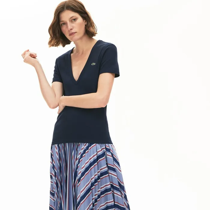 TShirts Lacoste Womens Soft Cotton VNeck TShirt Navy Blue Outlet
